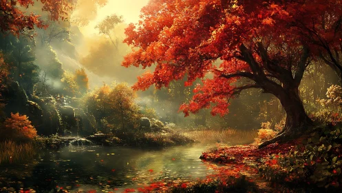 Digital autumn forest scene shows river under diffuse light