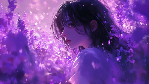 Violet dusk girl wandering through a whispering flower storm.