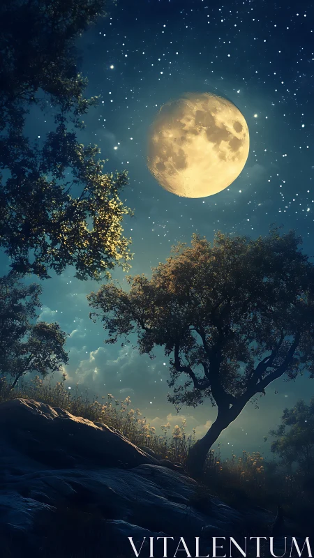 Moonlit hillside under glowing night sky panorama.