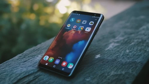 Android Smartphone Display Screen on Wooden Surface.