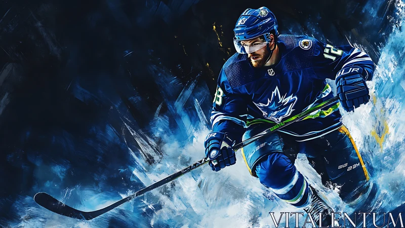 Hockey player in blue uniform charging across icy rink.