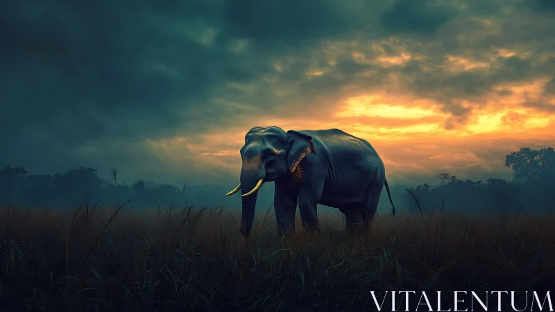 Gentle elephant strolls through misty grassland at sunrise