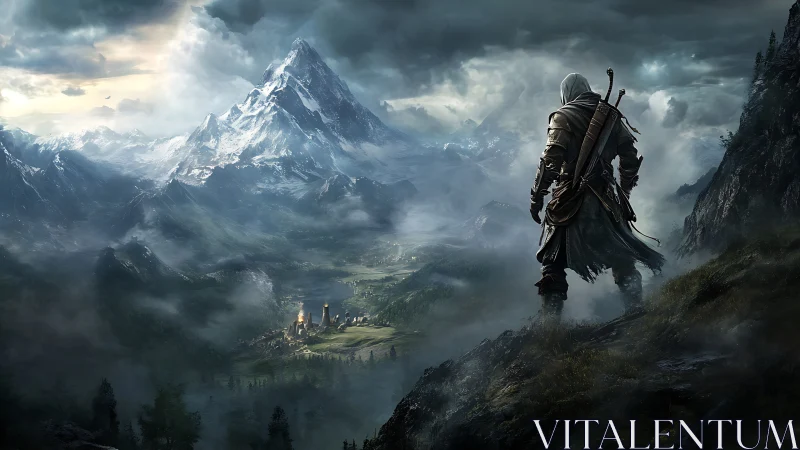 Lone hooded warrior surveys misty valley beneath icy peak