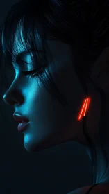 Cybernetic profile portrait with teal rim light and neon implant