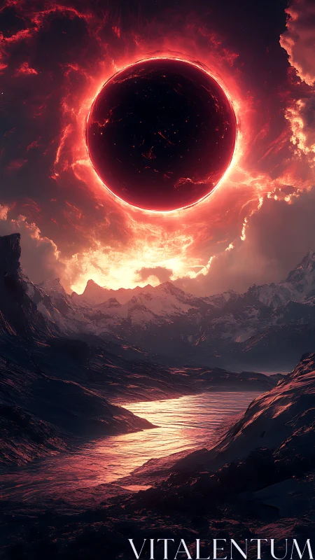 Burning eclipse hangs over alien mountains at twilight