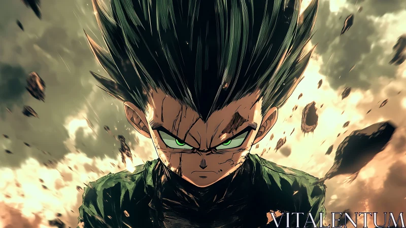 Fierce anime warrior charging through a storm of power.