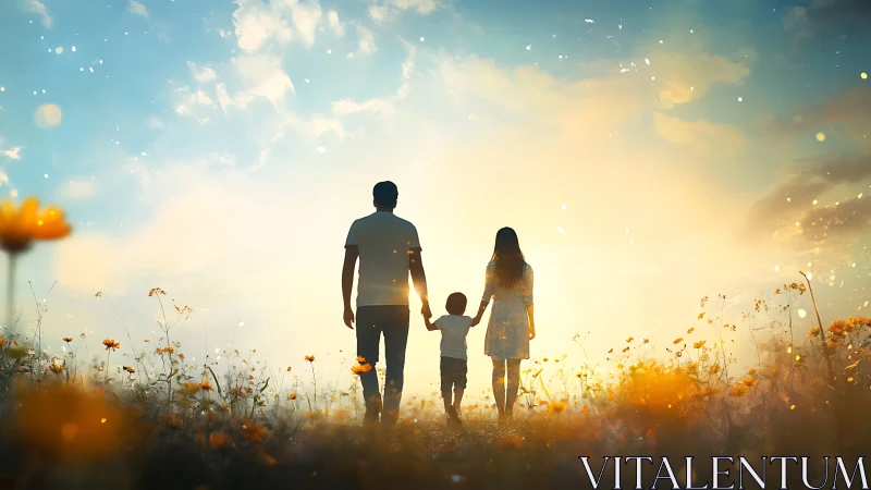 Silhouetted family walks through glowing sunset meadow
