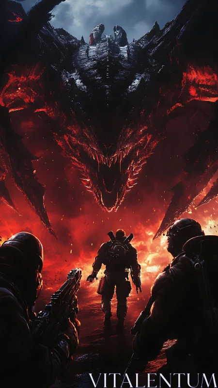 Armored strike team confronting colossal infernal dragon entity