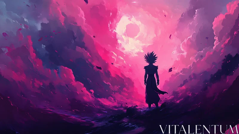Silhouetted warrior stands before bright void in pink clouds