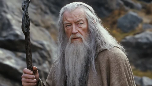 Elderly robed man with long gray hair holds carved staff outdoors