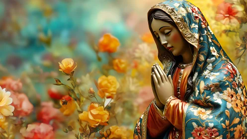 Devotional robed figure in floral mantle amid warm bokeh garden