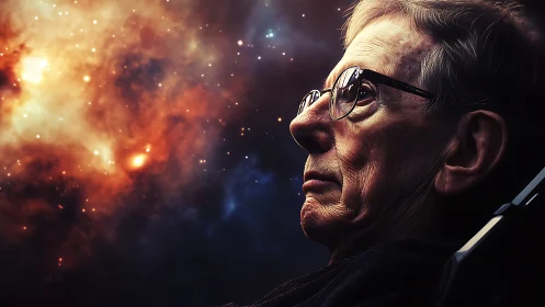 Stargazing elder framed against a roaring cosmic nebula.