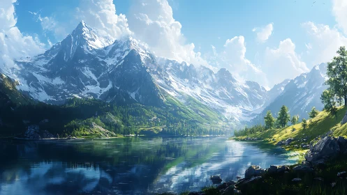 Snow-covered mountain range above reflective alpine lake.