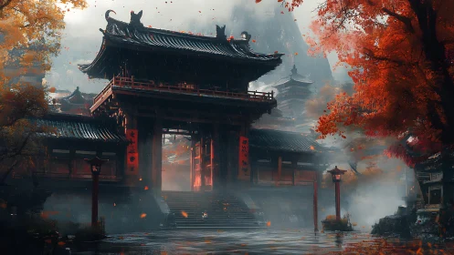 Stormlit temple gate amid crimson autumn forest fog.