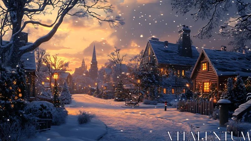 Snowy village street under warm golden winter sunset glow