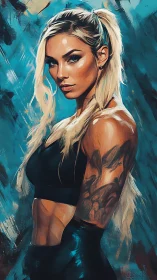 Tattooed fitness woman in teal abstract digital portrait.