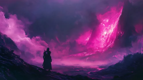 Wanderer gazes into vast neon rift on alien horizon.