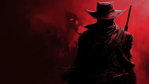 Lone gunslinger silhouette over blood-red frontier sky.
