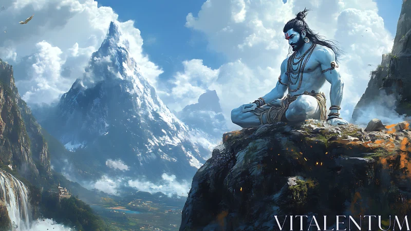 Meditating blue deity above vast snow peak landscape.
