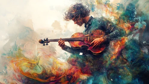 Musician holds violin amid digitally rendered color dispersion