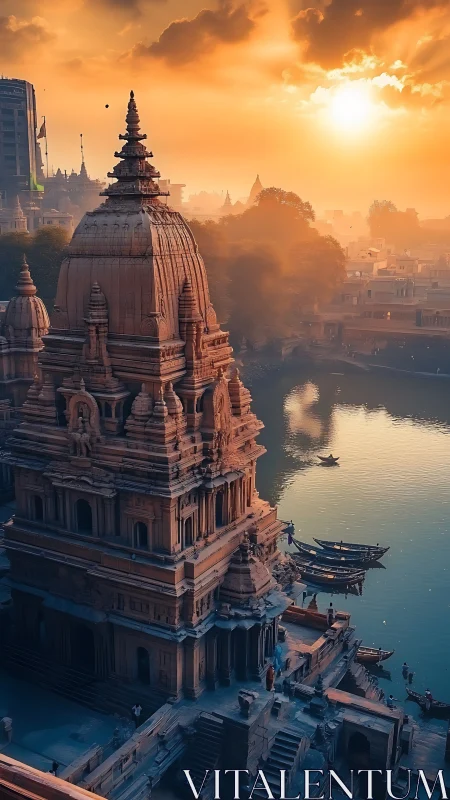 Temple tower overlooks river under dense orange sunset