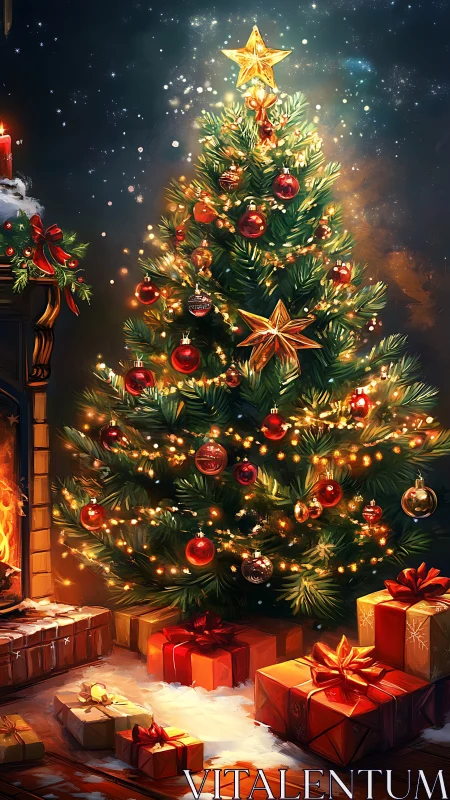 Christmas tree stands lit with ornaments and wrapped gifts