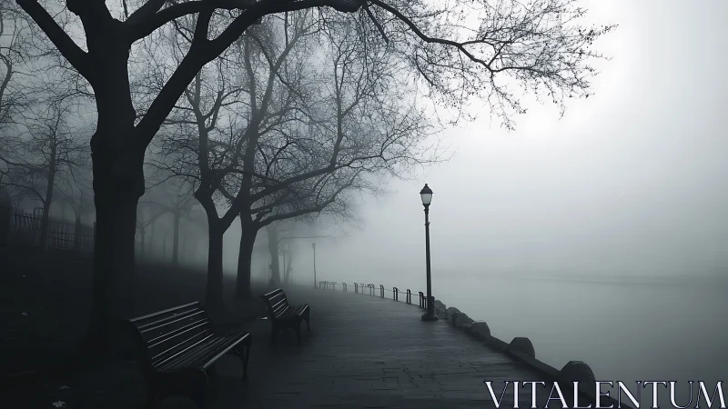 Foggy riverside path with benches and bare winter trees.
