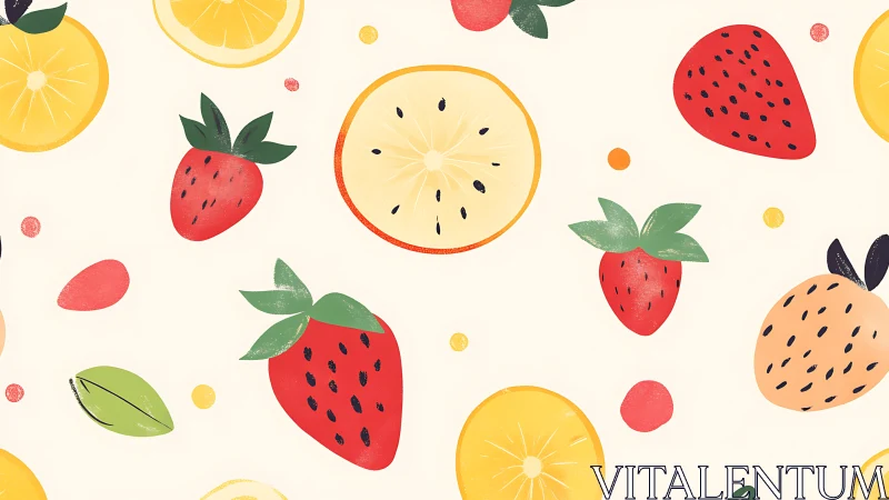 Playful digital painting of scattered citrus and berries pattern.