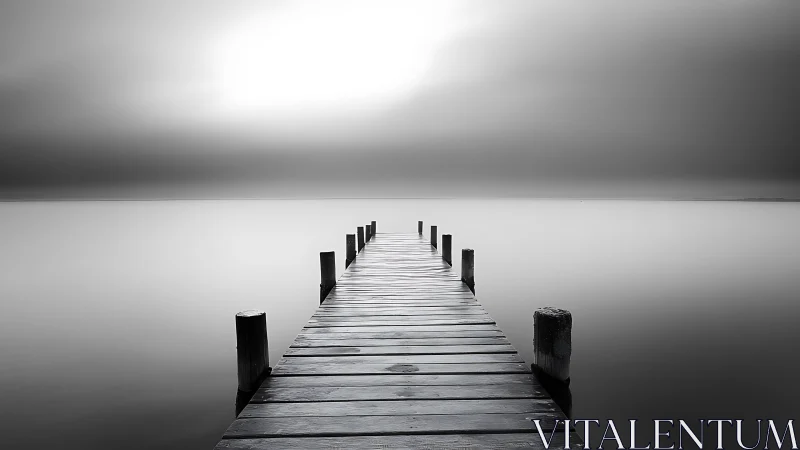 Symmetrical wooden pier extends into high-key monochrome horizon