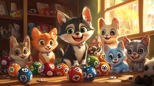 Anthropomorphic Feline Characters in Domestic Interior with Paw-Patterned Game Pieces