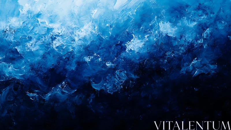 Abstract ocean waves in expressive blue brushstroke painting.