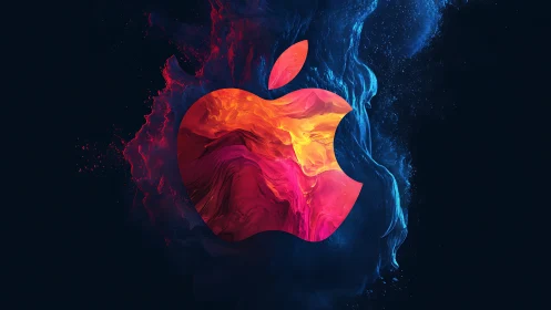 Vibrant molten logo with dual-tone abstract particle field.