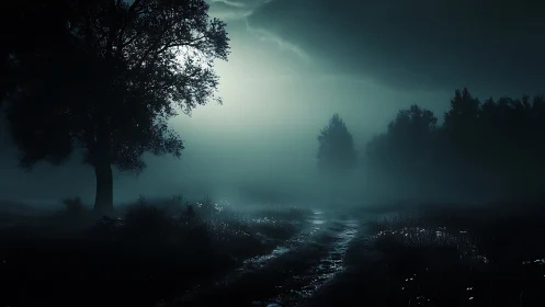 Moonlit foggy dirt road recedes through high-contrast forest silhouettes