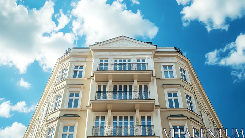Neo-classical corner facade with balconies under vibrant sky.
