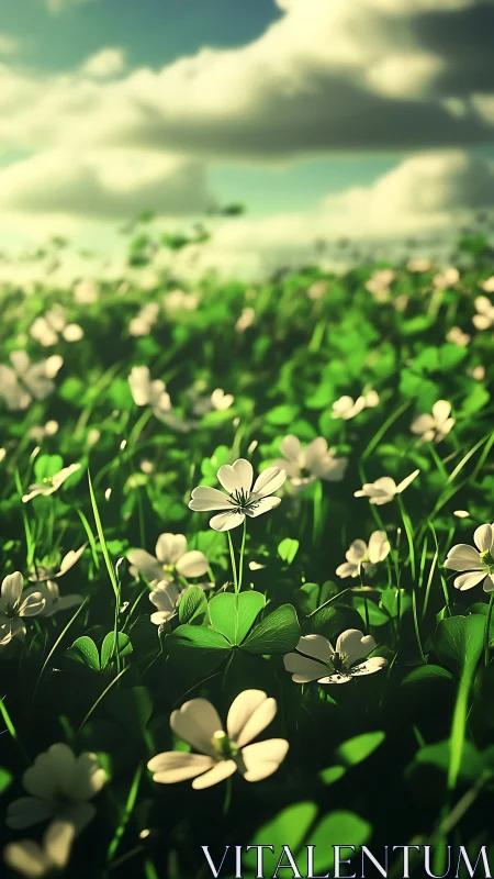 White clover blossoms rise through lush sunlit meadow.