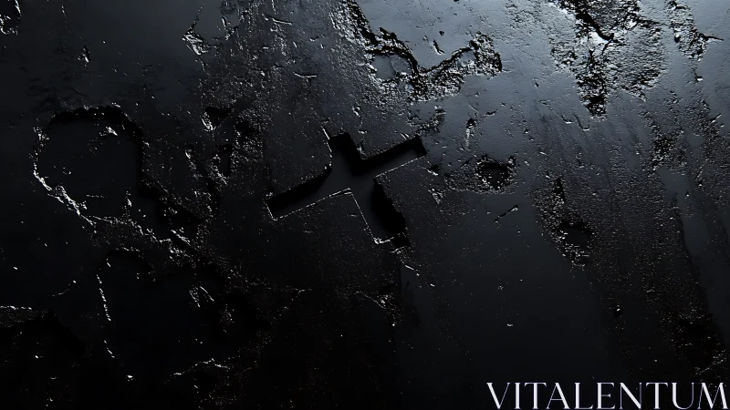 Midnight cross carved through shattered metallic darkness.