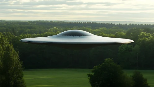 Disc-shaped metallic craft hovers over dense forest canopy at dawn
