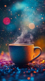 Steaming coffee cup amid glowing bokeh lights at night.