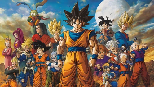 Central warrior leads diverse fighters under bright full moon