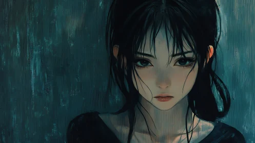 Quietly intense girl in teal light with thoughtful gaze.