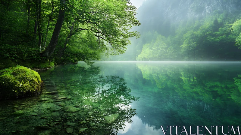 Optically tranquil alpine lake with specular forest reflections.