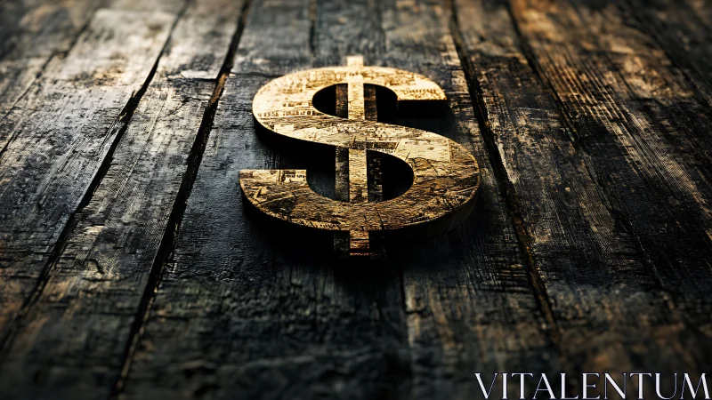 Weathered wooden floor holds a gilded dollar symbol in relief