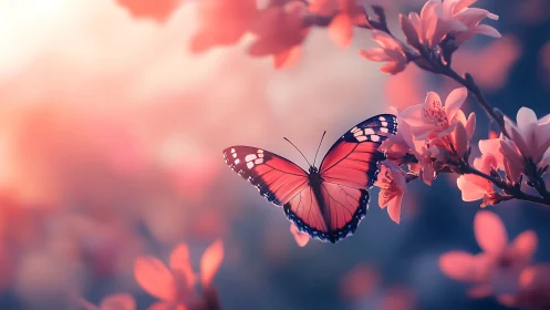 Macro study of pink butterfly in shallow depth floral bokeh field