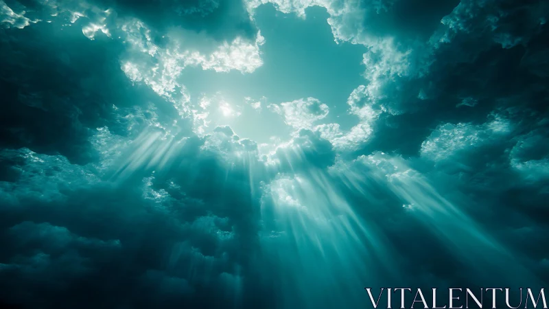 Radiant teal sunbeams piercing dramatic storm clouds.