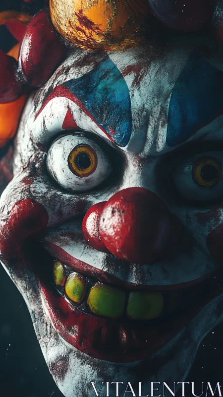 Close-up of sinister grimy clown face with staring eyes.