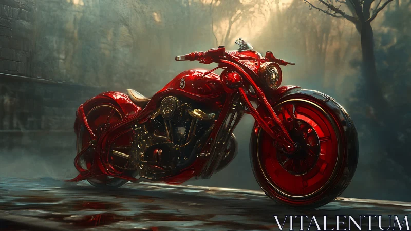 Red translucent custom cruiser motorcycle in misty forest