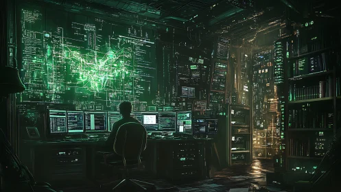 Lone hacker monitors data streams in neon cyber control room.