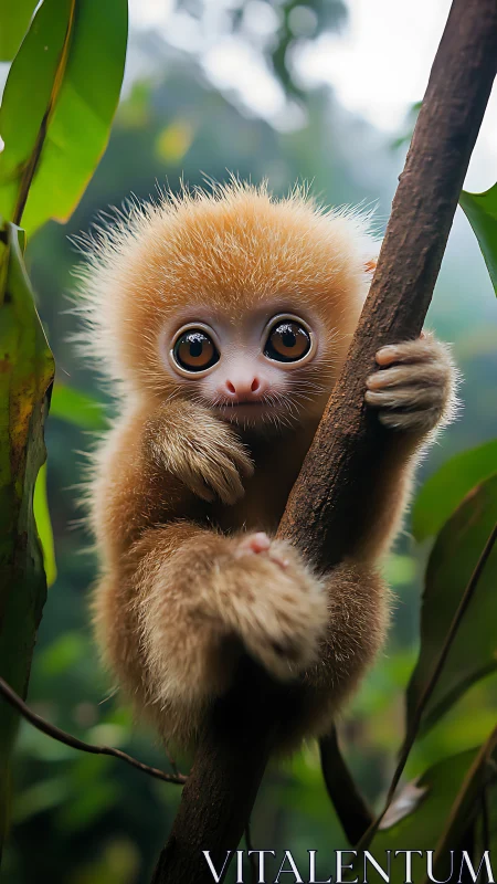High-resolution portrait of juvenile primate on rainforest branch.