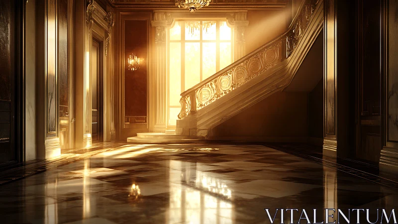 Grand staircase hall with strong directional sunlight