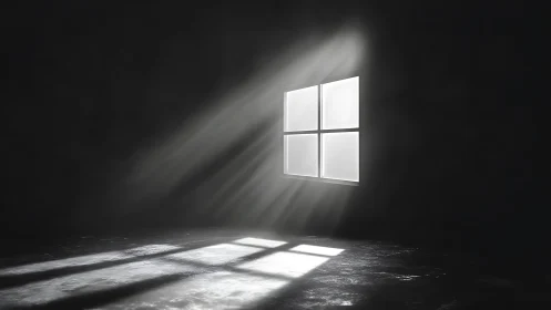 Luminous window grid casting stark rays into darkness.